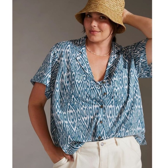 BOGO! Anthropologie Pilcro Printed Voile Surf Shirt Cotton Blue Size Small - Picture 1 of 10